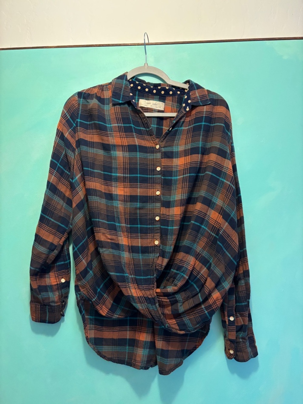 Anthropologie Button-Front Plaid Shirt in Brown and Teal